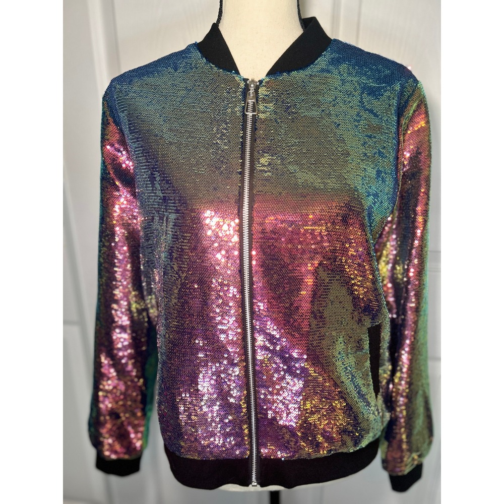 Kate Hewko Sequin Bomber Jacket L Iridescent Rainbow Zip Front Statement Coat